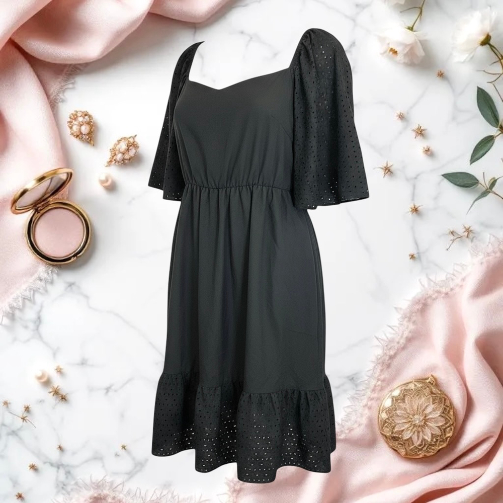 SHEIN Curve Black Elastic Waist Dress w Eyelet Sleeves & Bottom Border Women 3XL